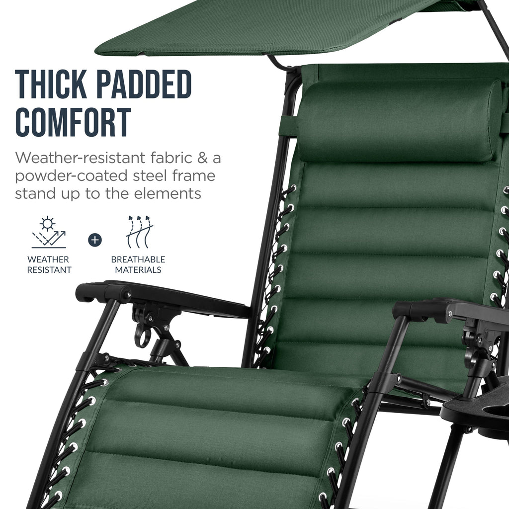 Oversized Padded Zero Gravity Chair w/ Canopy Headrest Cup Holder Side Tray