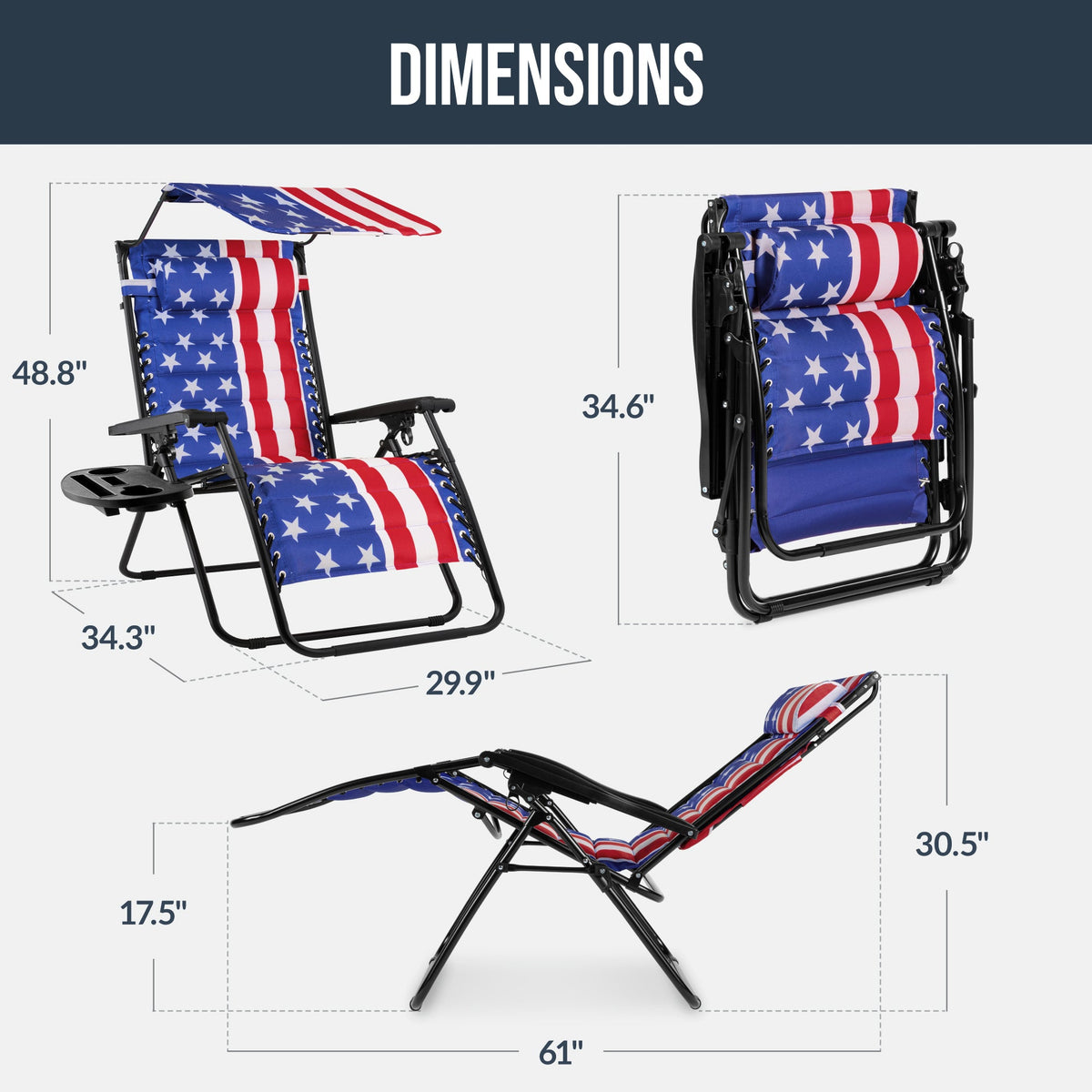 Oversized Padded Zero Gravity Chair w/ Canopy Headrest Cup Holder Side Tray