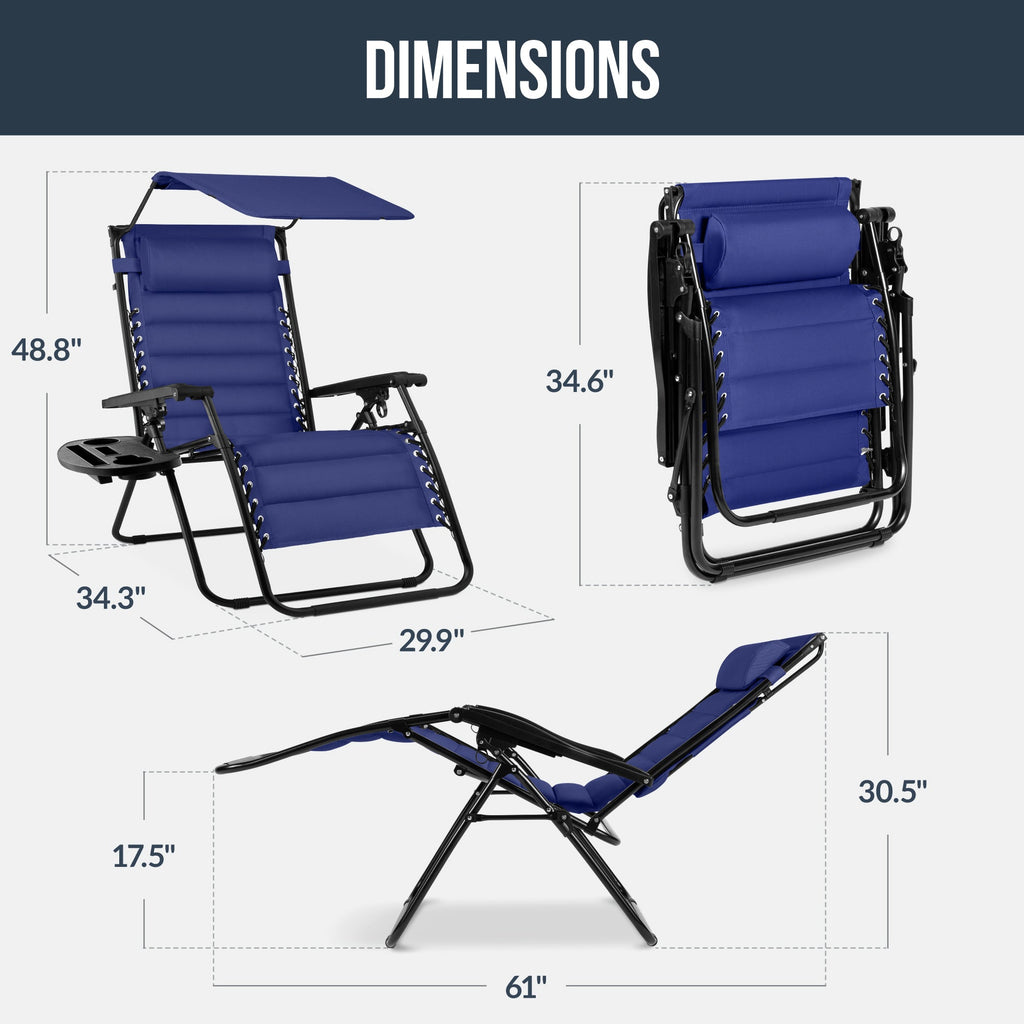 Oversized Padded Zero Gravity Chair w/ Canopy Headrest Cup Holder Side Tray