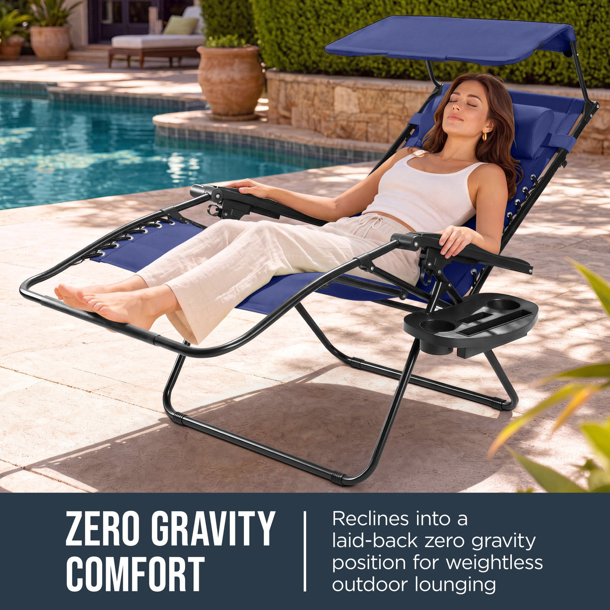 Oversized Padded Zero Gravity Chair w/ Canopy Headrest Cup Holder Side Tray
