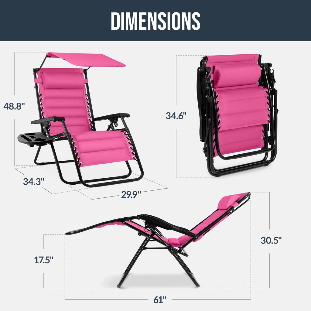 Oversized Padded Zero Gravity Chair w/ Canopy Headrest Cup Holder Side Tray