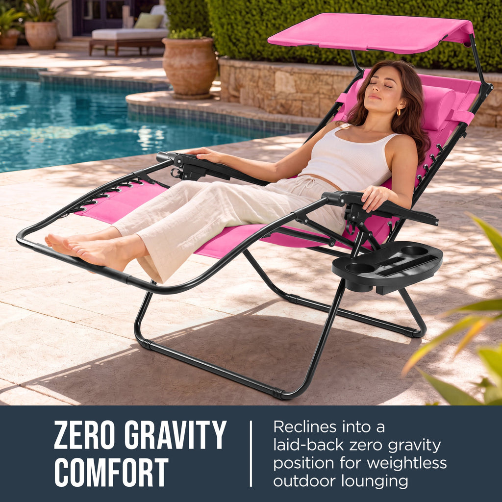 Oversized Padded Zero Gravity Chair w/ Canopy Headrest Cup Holder Side Tray