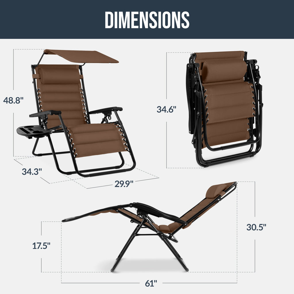 Oversized Padded Zero Gravity Chair w/ Canopy Headrest Cup Holder Side Tray