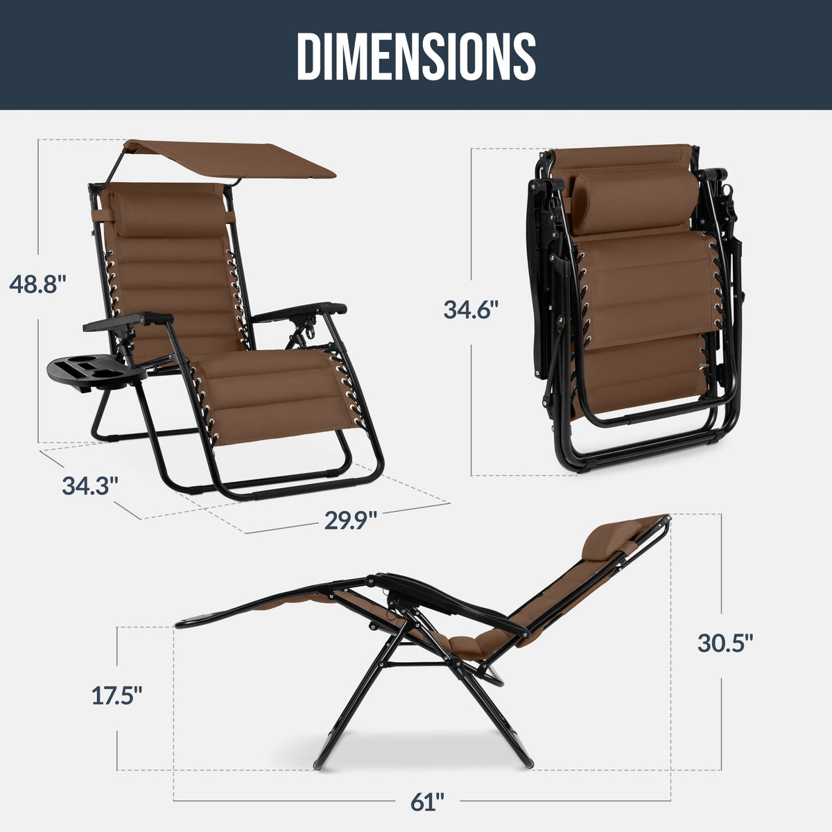 Oversized Padded Zero Gravity Chair w/ Canopy Headrest Cup Holder Side Tray