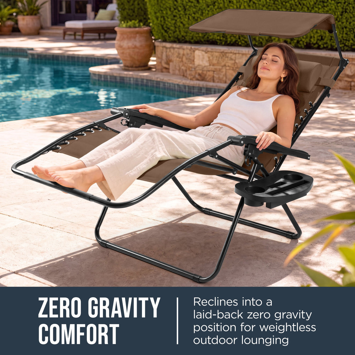 Oversized Padded Zero Gravity Chair w/ Canopy Headrest Cup Holder Side Tray