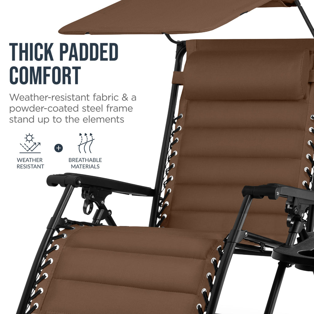Oversized Padded Zero Gravity Chair w/ Canopy Headrest Cup Holder Side Tray