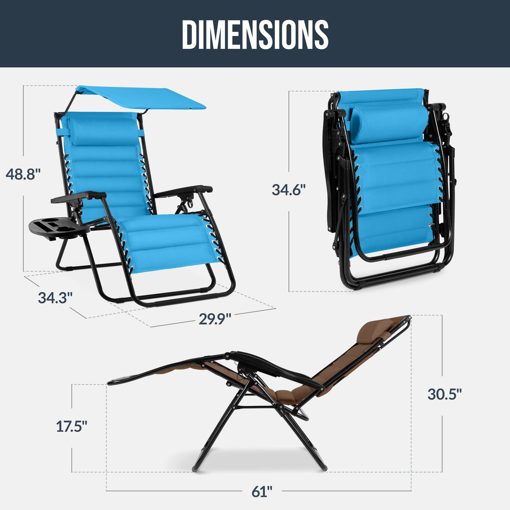 Oversized Padded Zero Gravity Chair w/ Canopy Headrest Cup Holder Side Tray