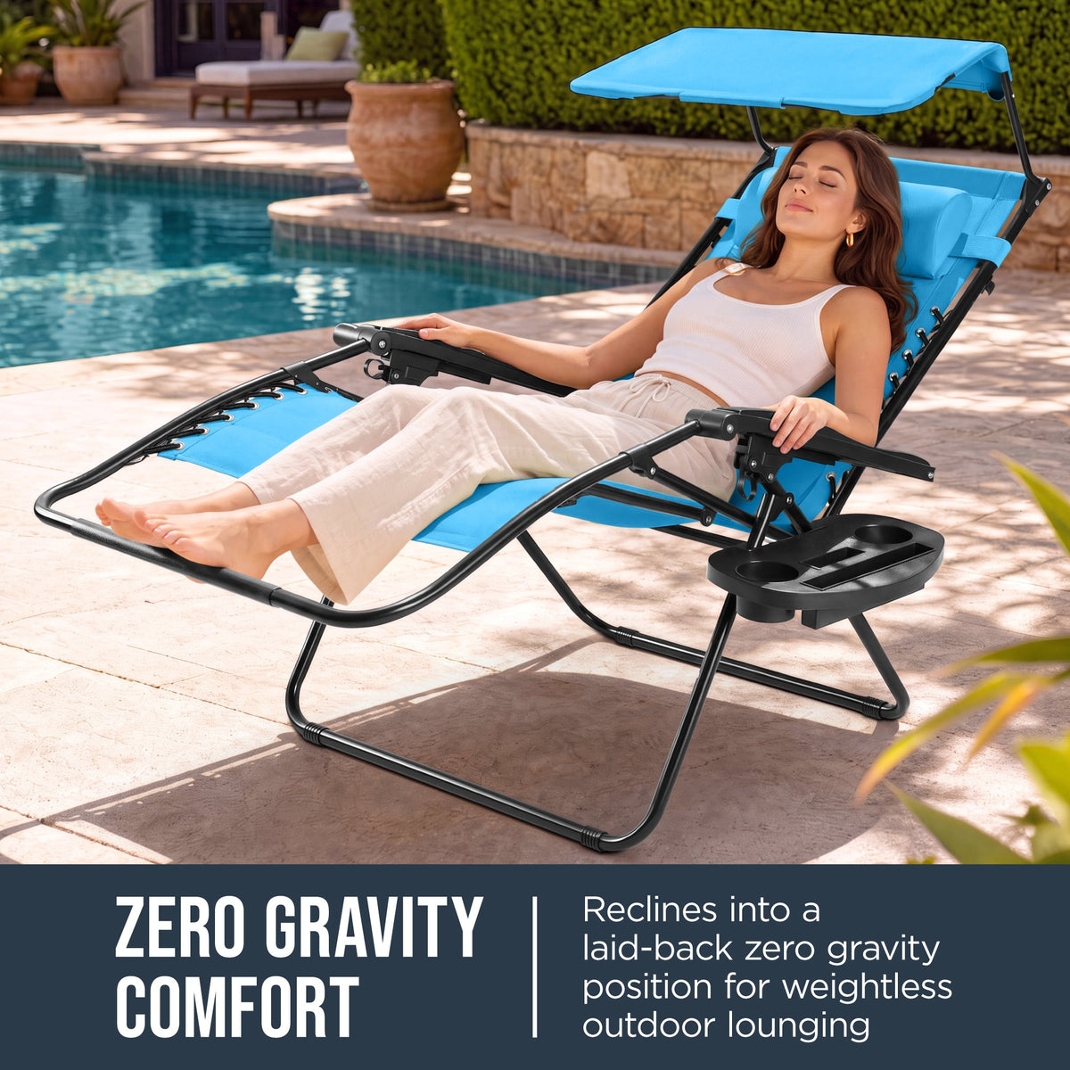 Oversized Padded Zero Gravity Chair w/ Canopy Headrest Cup Holder Side Tray