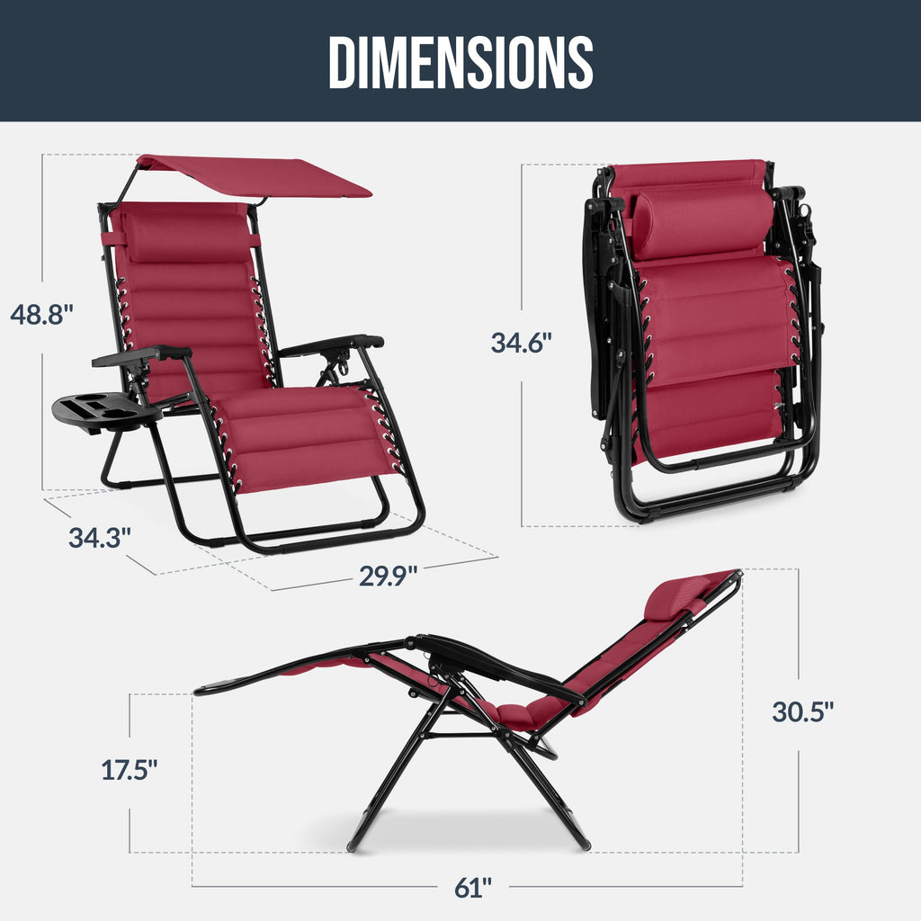 Oversized Padded Zero Gravity Chair w/ Canopy Headrest Cup Holder Side Tray
