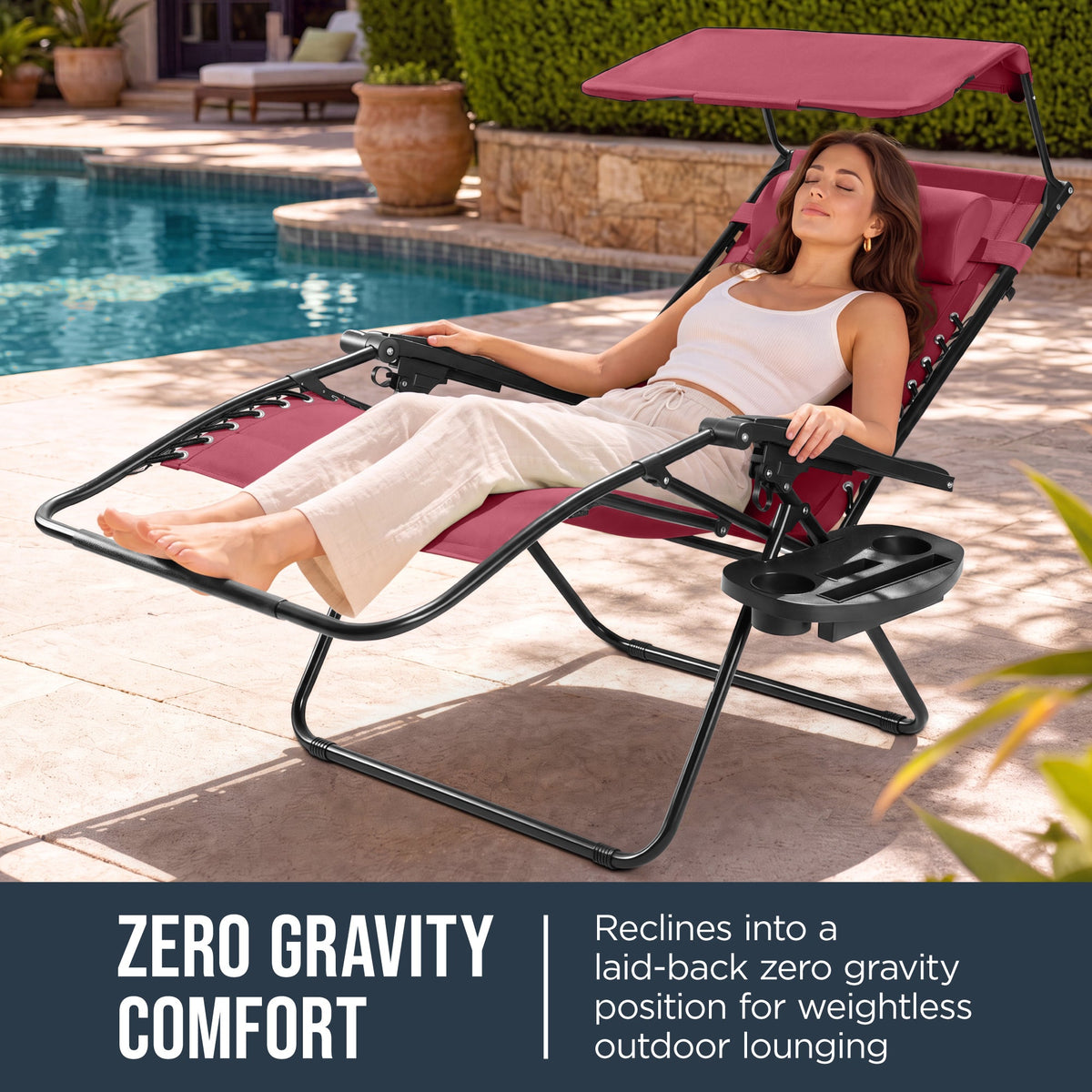 Oversized Padded Zero Gravity Chair w/ Canopy Headrest Cup Holder Side Tray