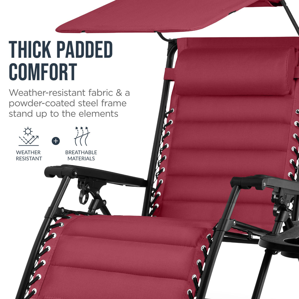 Oversized Padded Zero Gravity Chair w/ Canopy Headrest Cup Holder Side Tray