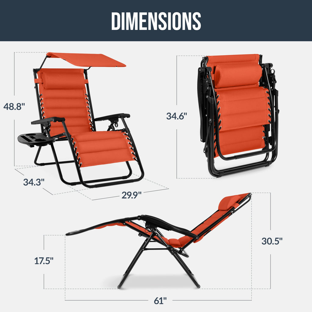 Oversized Padded Zero Gravity Chair w/ Canopy Headrest Cup Holder Side Tray