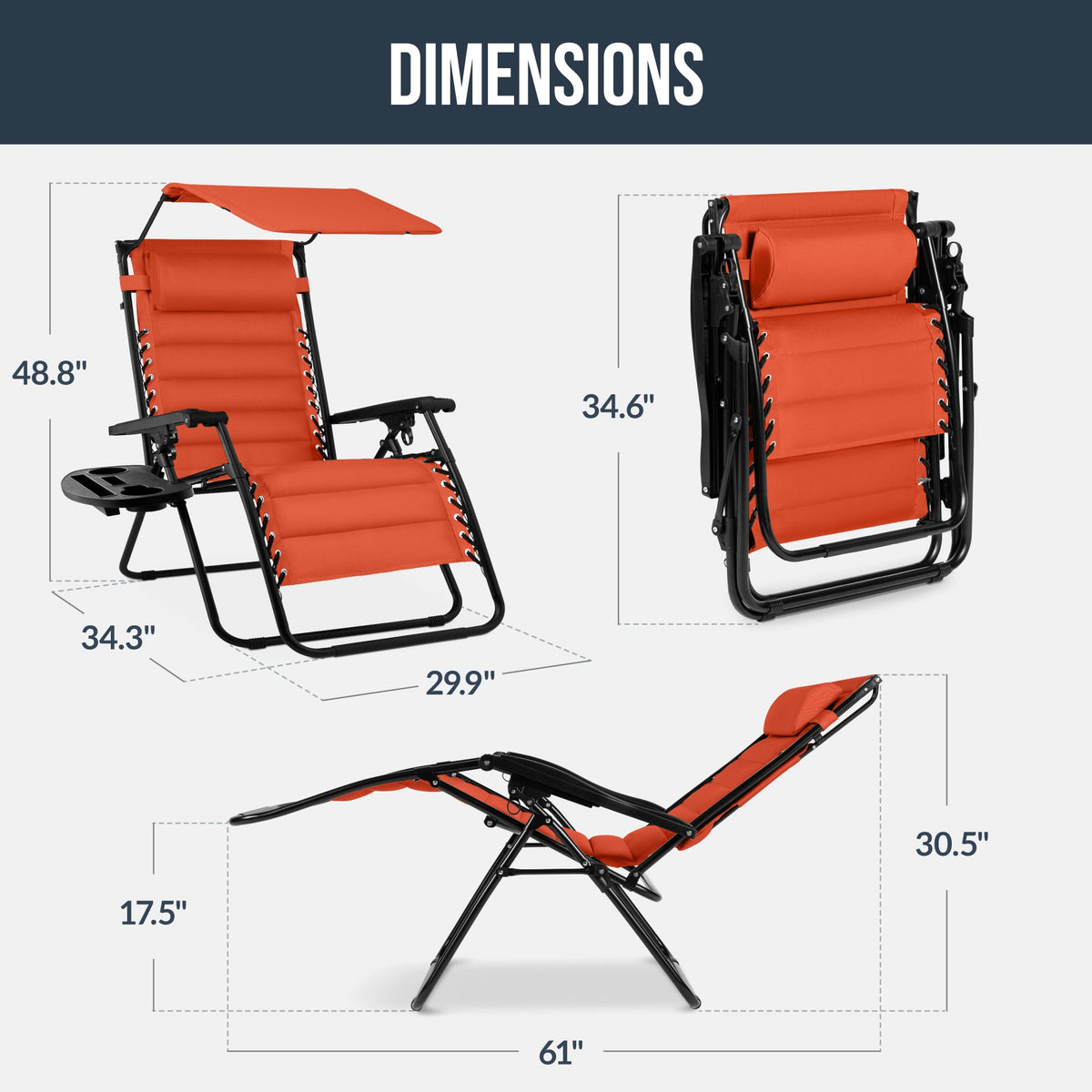 Oversized Padded Zero Gravity Chair w/ Canopy Headrest Cup Holder Side Tray