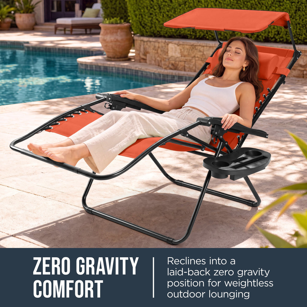 Oversized Padded Zero Gravity Chair w/ Canopy Headrest Cup Holder Side Tray