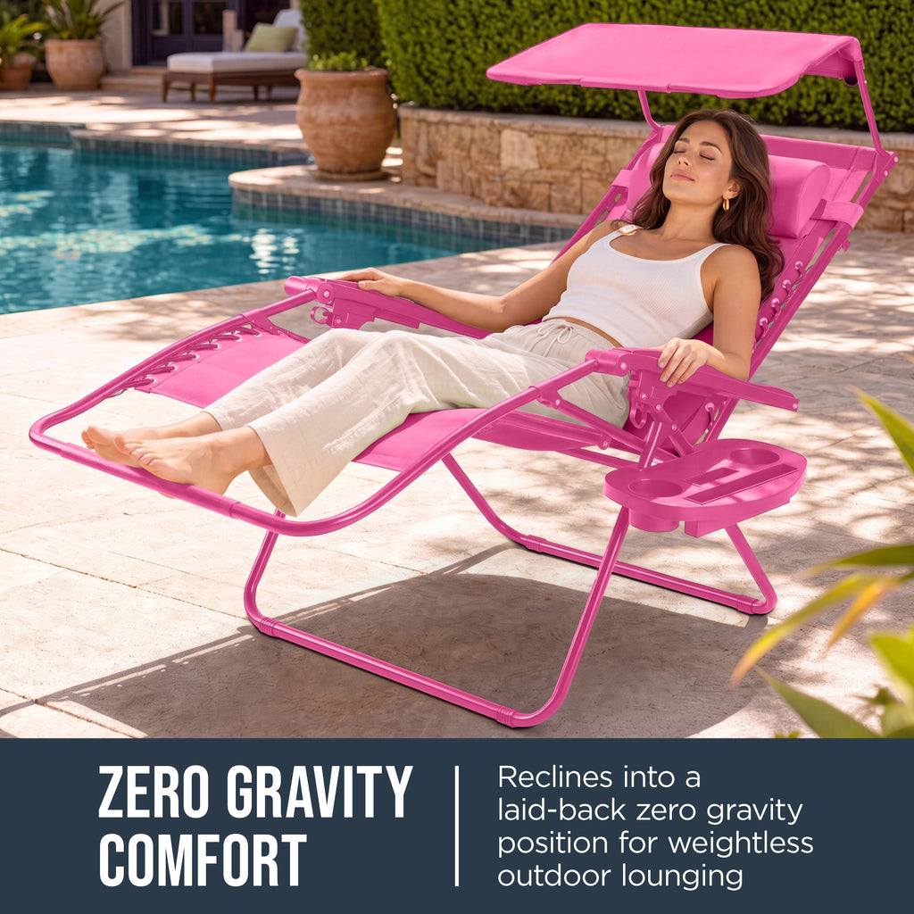 Oversized Padded Zero Gravity Chair w/ Canopy Headrest Cup Holder Side Tray