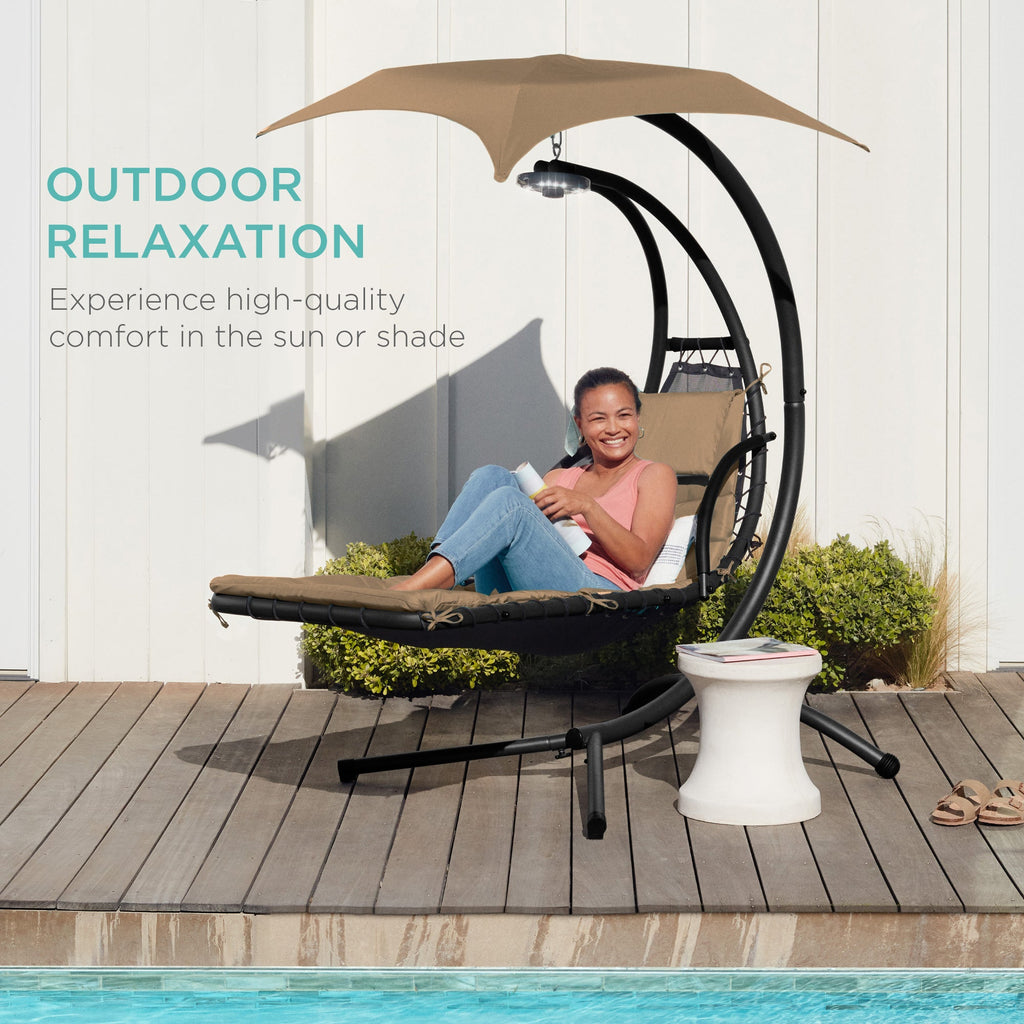 Hanging LED-Lit Curved Chaise Lounge Chair w/ Pillow, Canopy, Stand