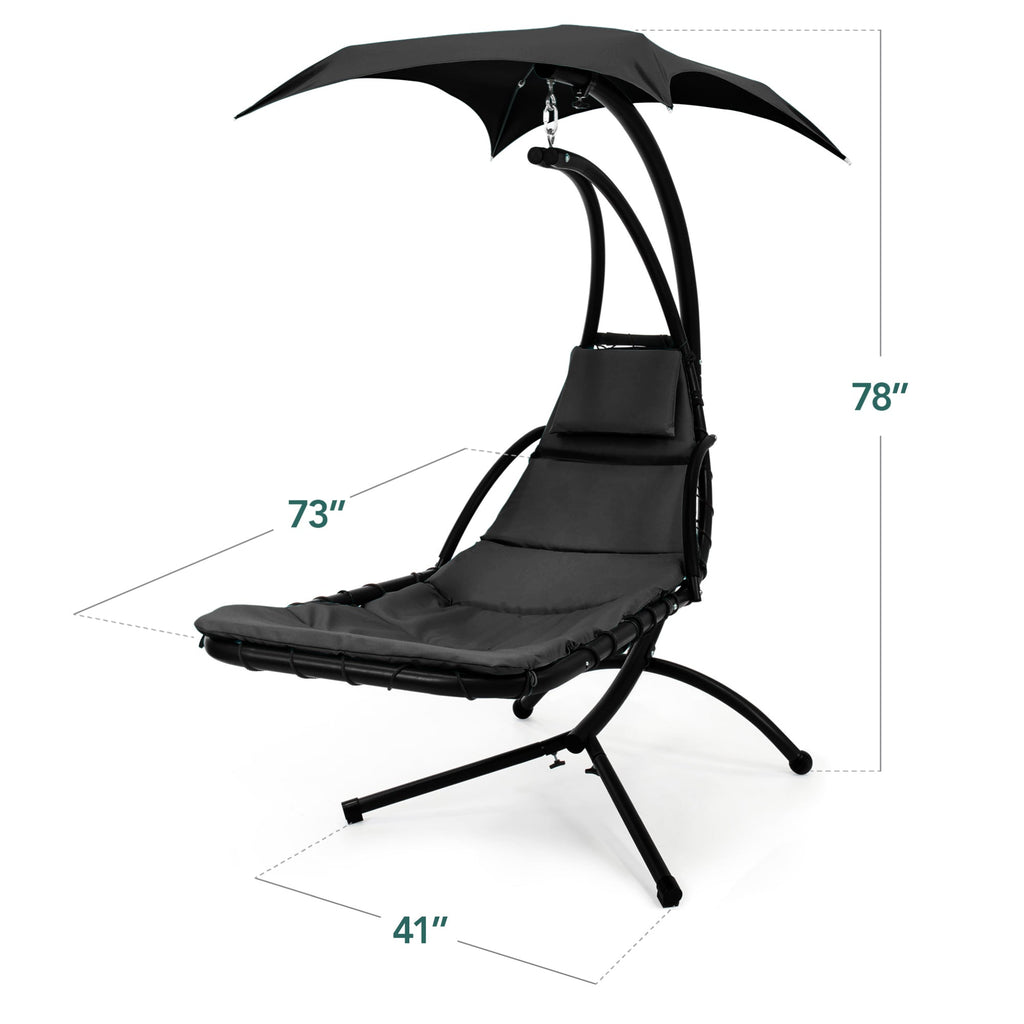 Hanging LED-Lit Curved Chaise Lounge Chair w/ Pillow, Canopy, Stand