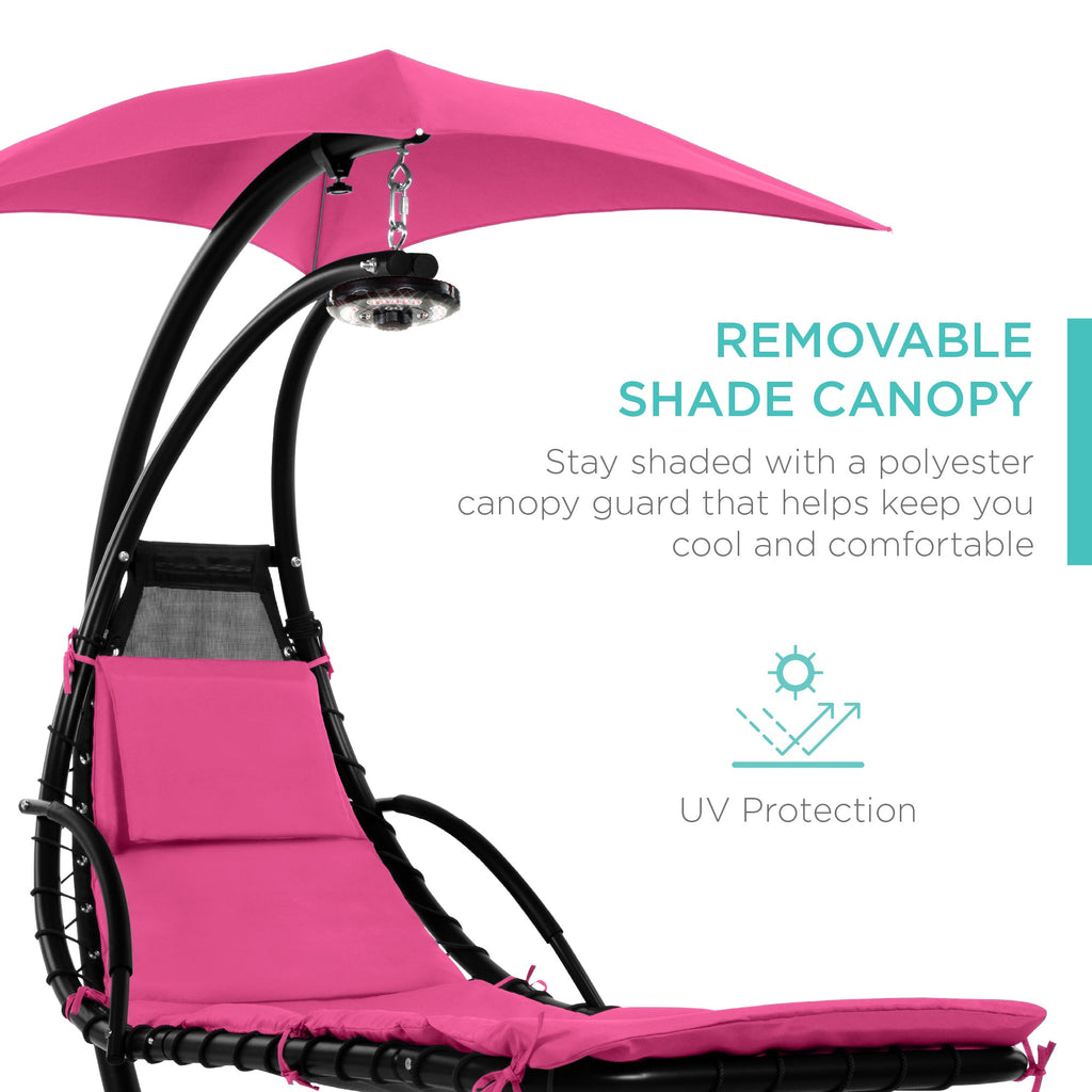 Hanging LED-Lit Curved Chaise Lounge Chair w/ Pillow, Canopy, Stand