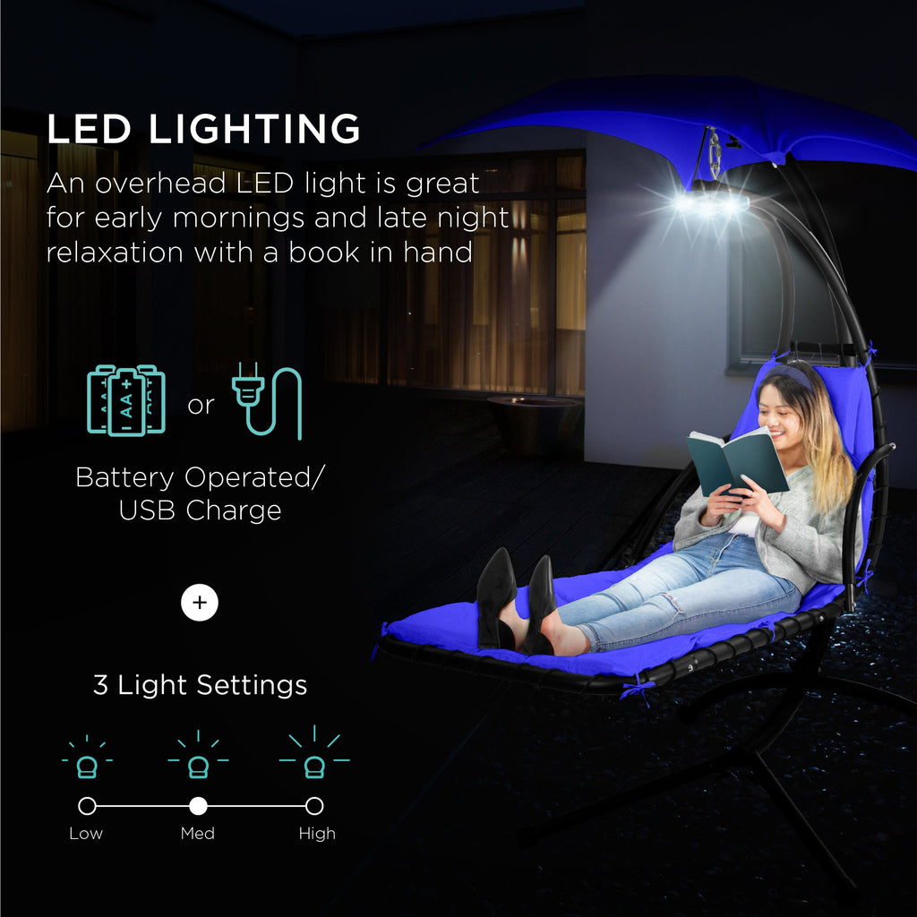 Hanging LED-Lit Curved Chaise Lounge Chair w/ Pillow, Canopy, Stand