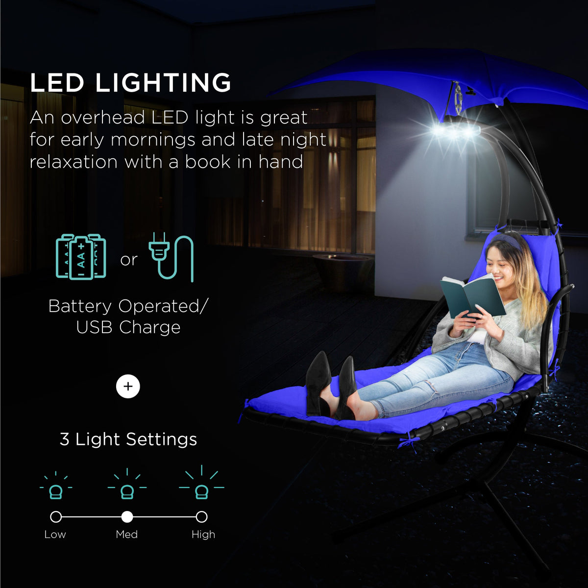 Hanging LED-Lit Curved Chaise Lounge Chair w/ Pillow, Canopy, Stand