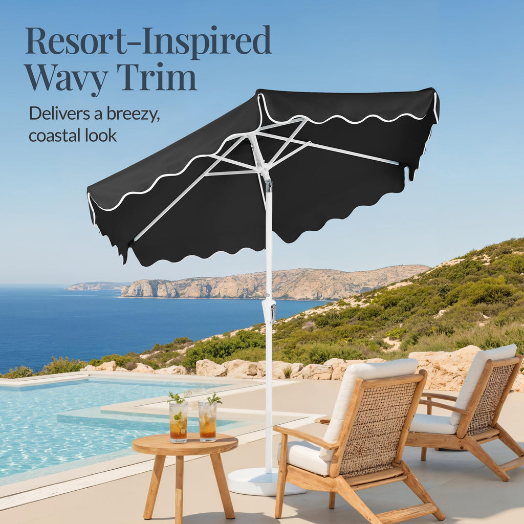 9ft Patio Market Umbrella, Wavy Trim, UV Fade Resistant, Crank & Tilt