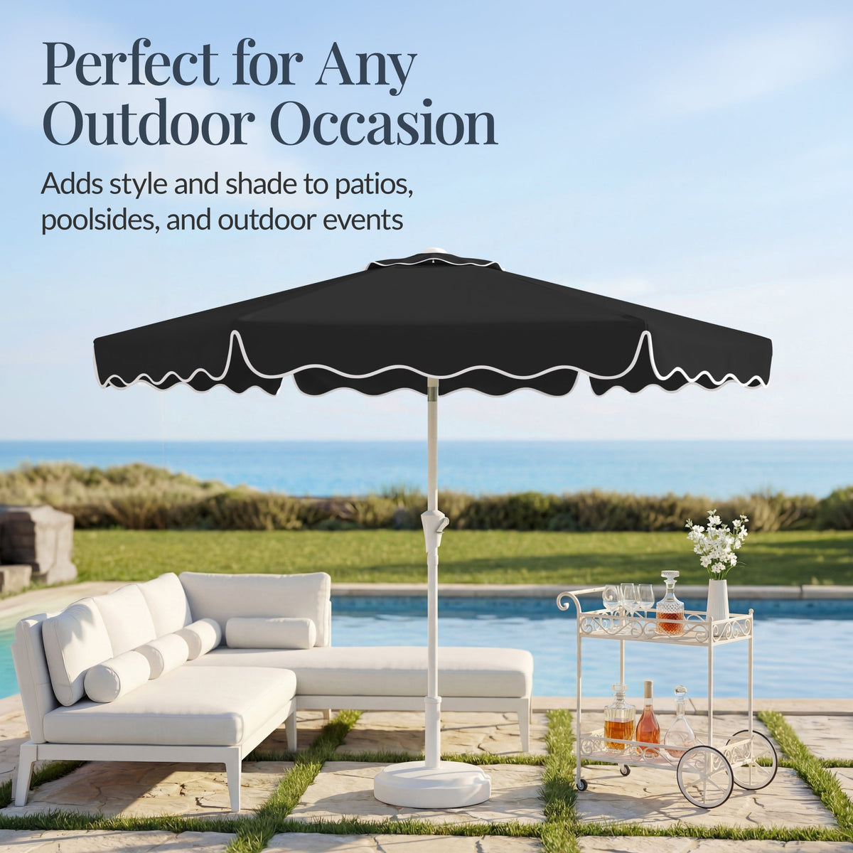 9ft Patio Market Umbrella, Wavy Trim, UV Fade Resistant, Crank & Tilt