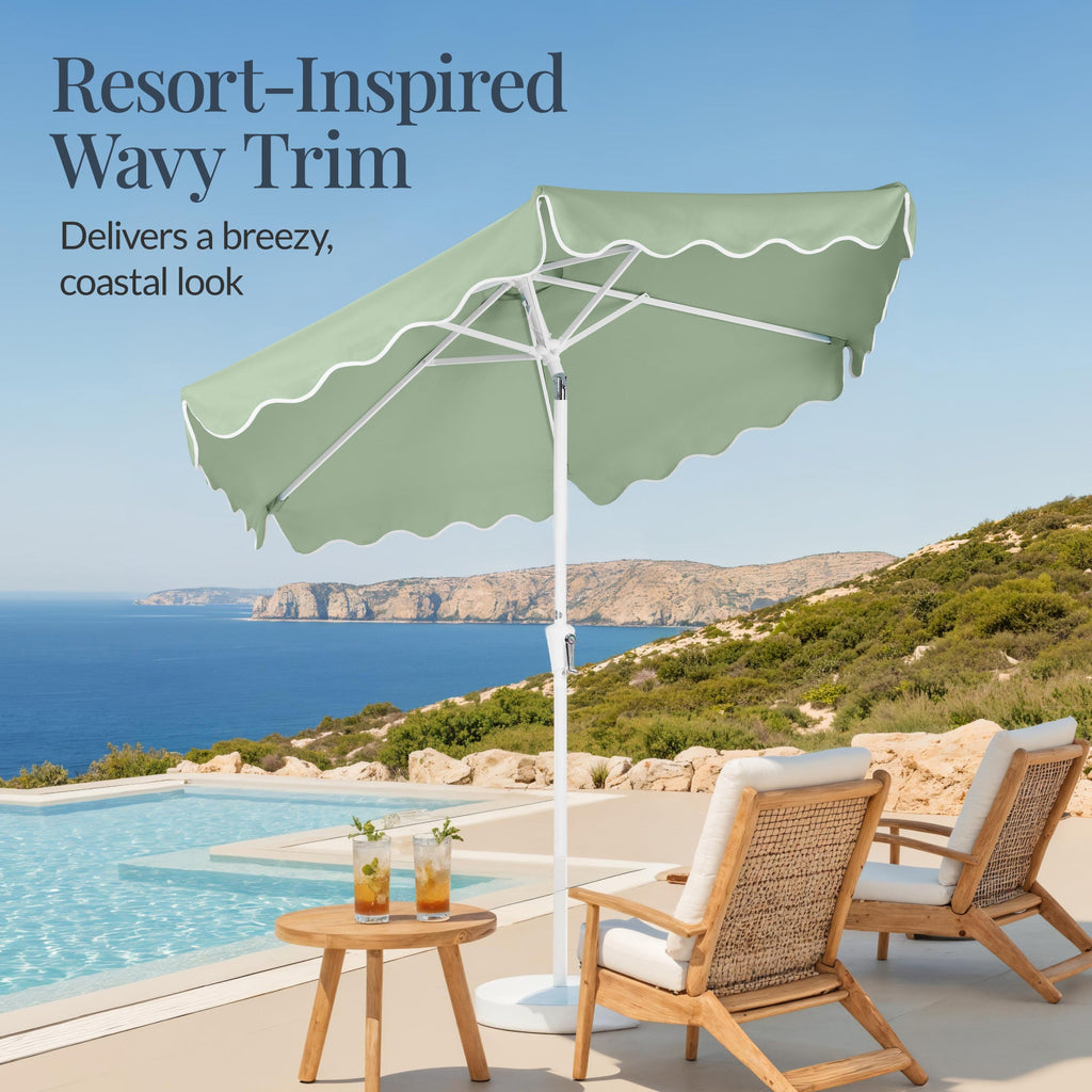 9ft Patio Market Umbrella, Wavy Trim, UV Fade Resistant, Crank & Tilt