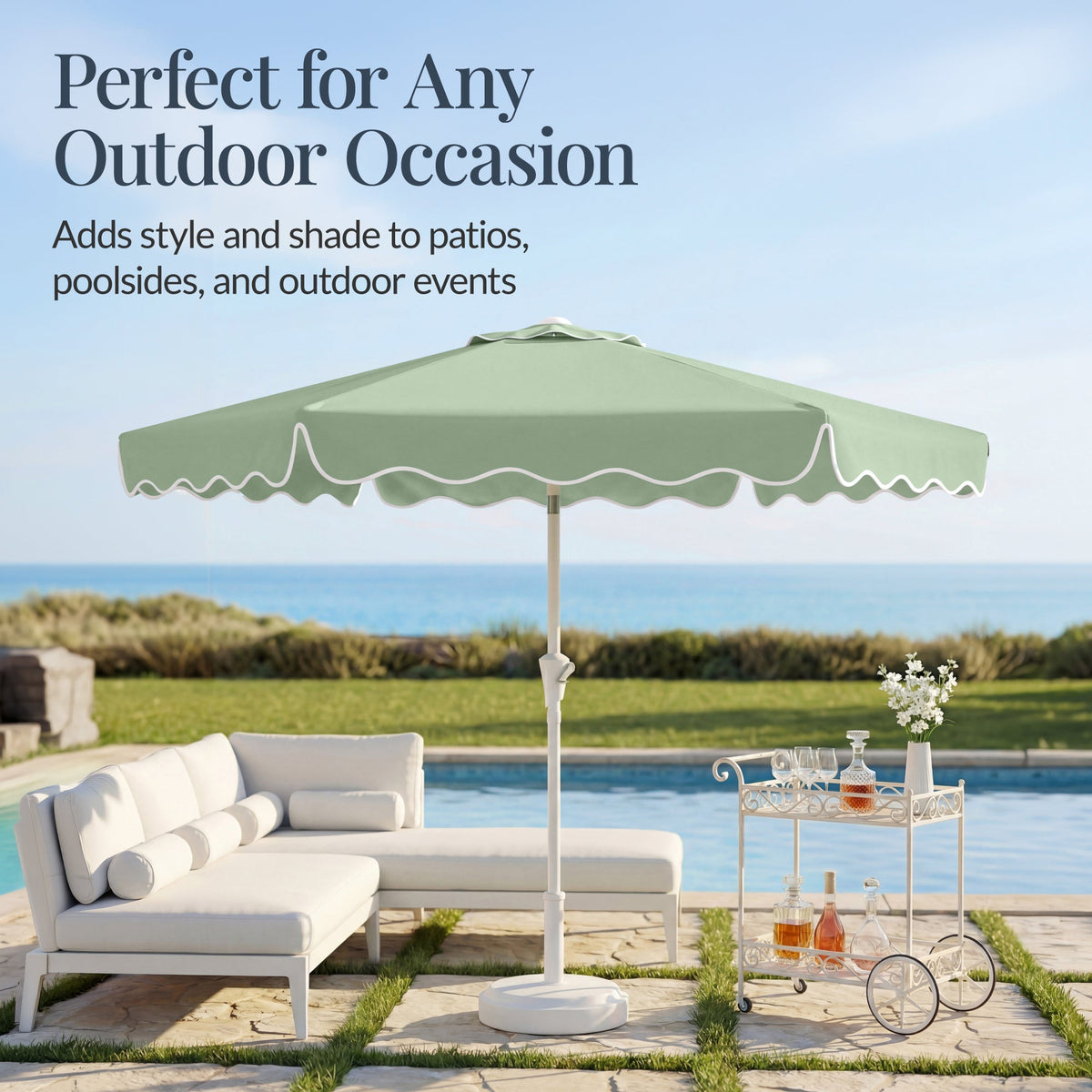 9ft Patio Market Umbrella, Wavy Trim, UV Fade Resistant, Crank & Tilt