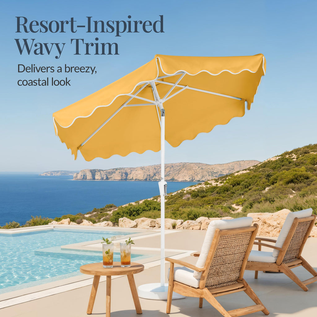 9ft Patio Market Umbrella, Wavy Trim, UV Fade Resistant, Crank & Tilt