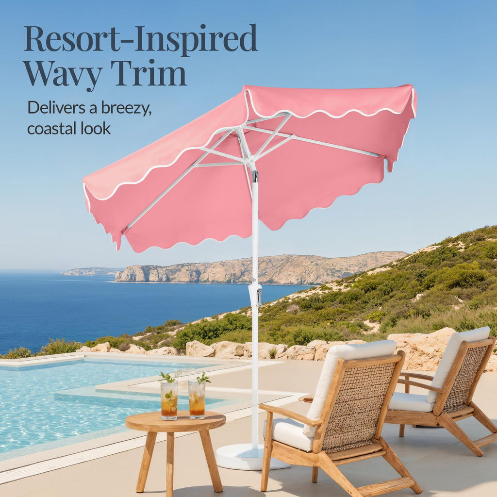 9ft Patio Market Umbrella, Wavy Trim, UV Fade Resistant, Crank & Tilt