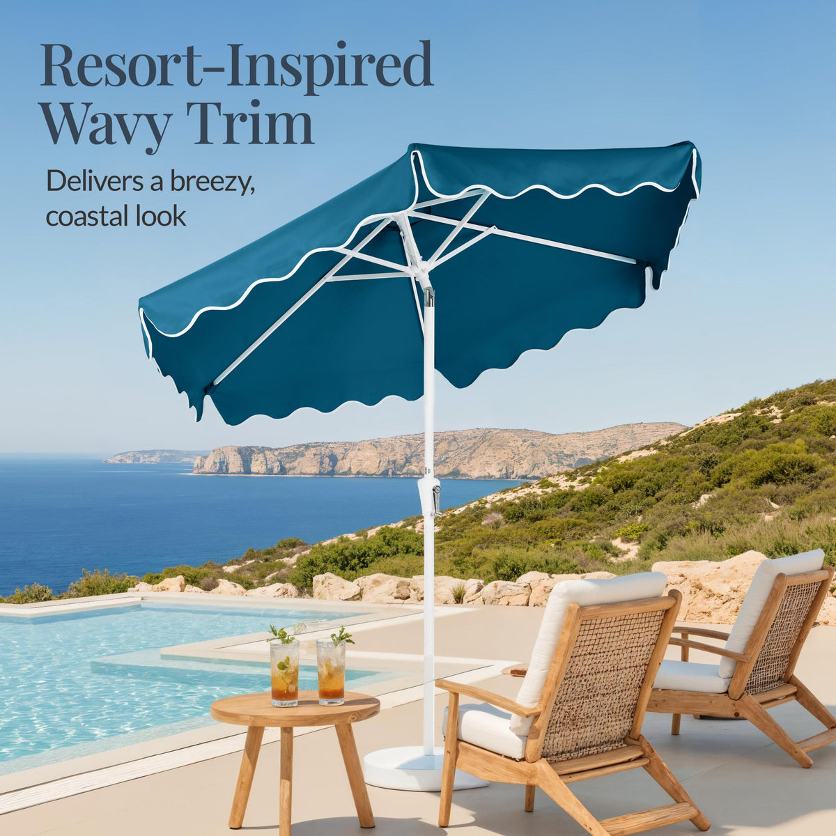 9ft Patio Market Umbrella, Wavy Trim, UV Fade Resistant, Crank & Tilt