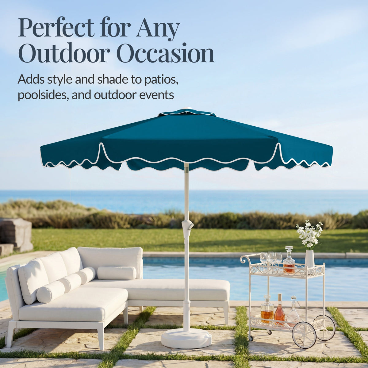9ft Patio Market Umbrella, Wavy Trim, UV Fade Resistant, Crank & Tilt