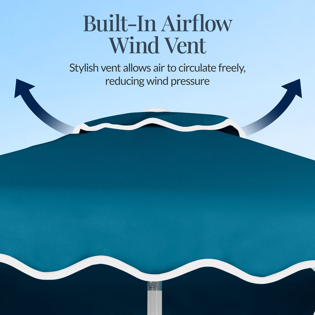 9ft Patio Market Umbrella, Wavy Trim, UV Fade Resistant, Crank & Tilt