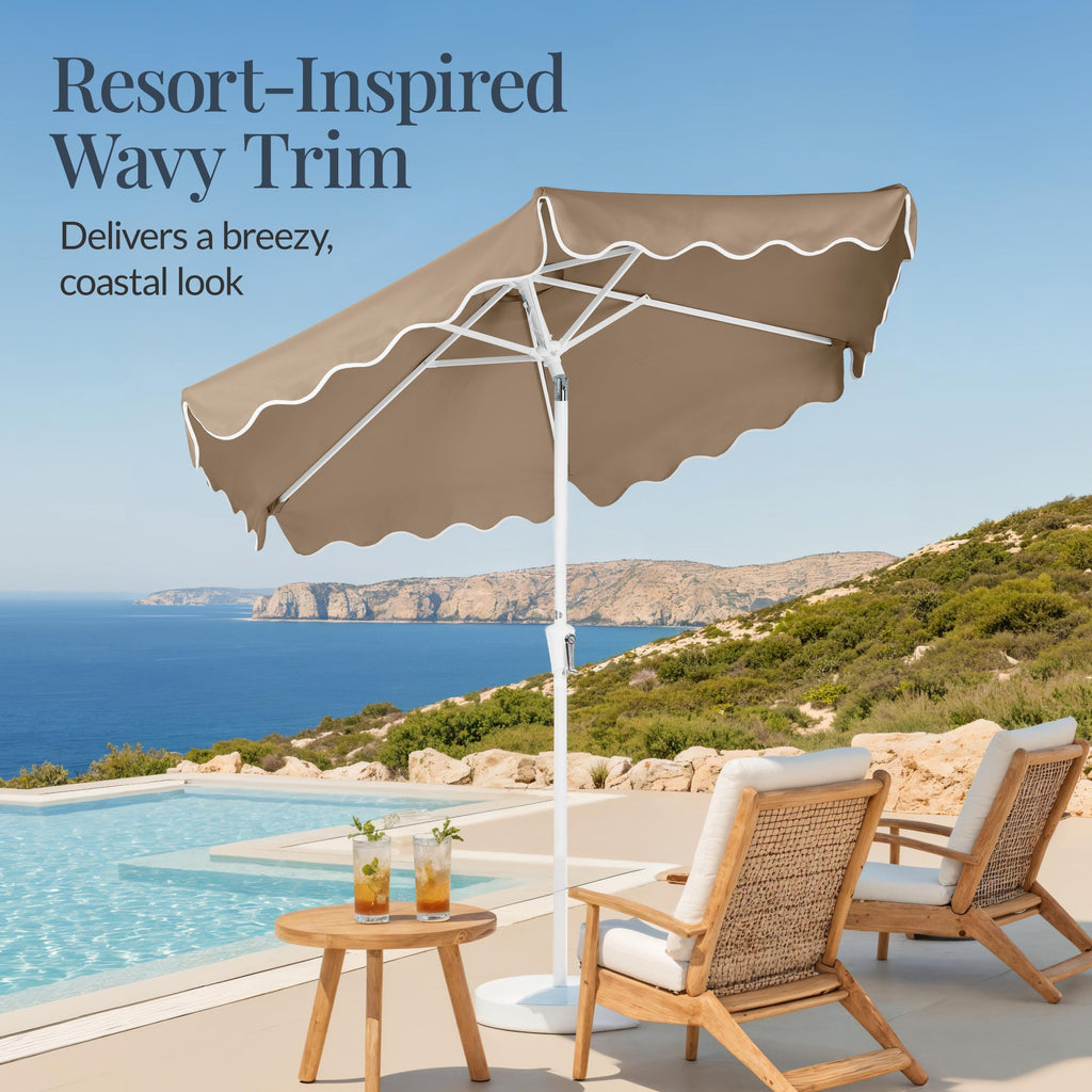 9ft Patio Market Umbrella, Wavy Trim, UV Fade Resistant, Crank & Tilt