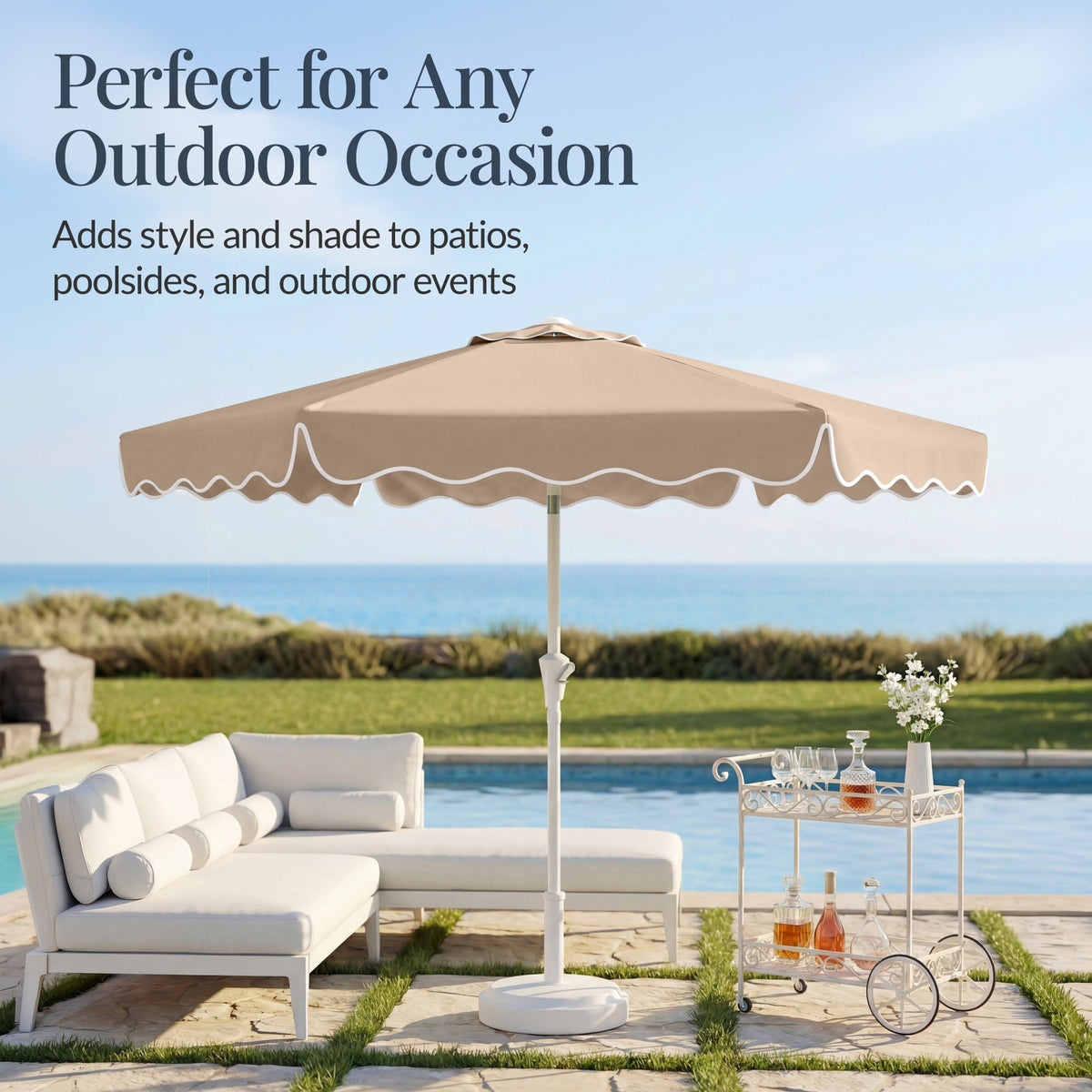9ft Patio Market Umbrella, Wavy Trim, UV Fade Resistant, Crank & Tilt