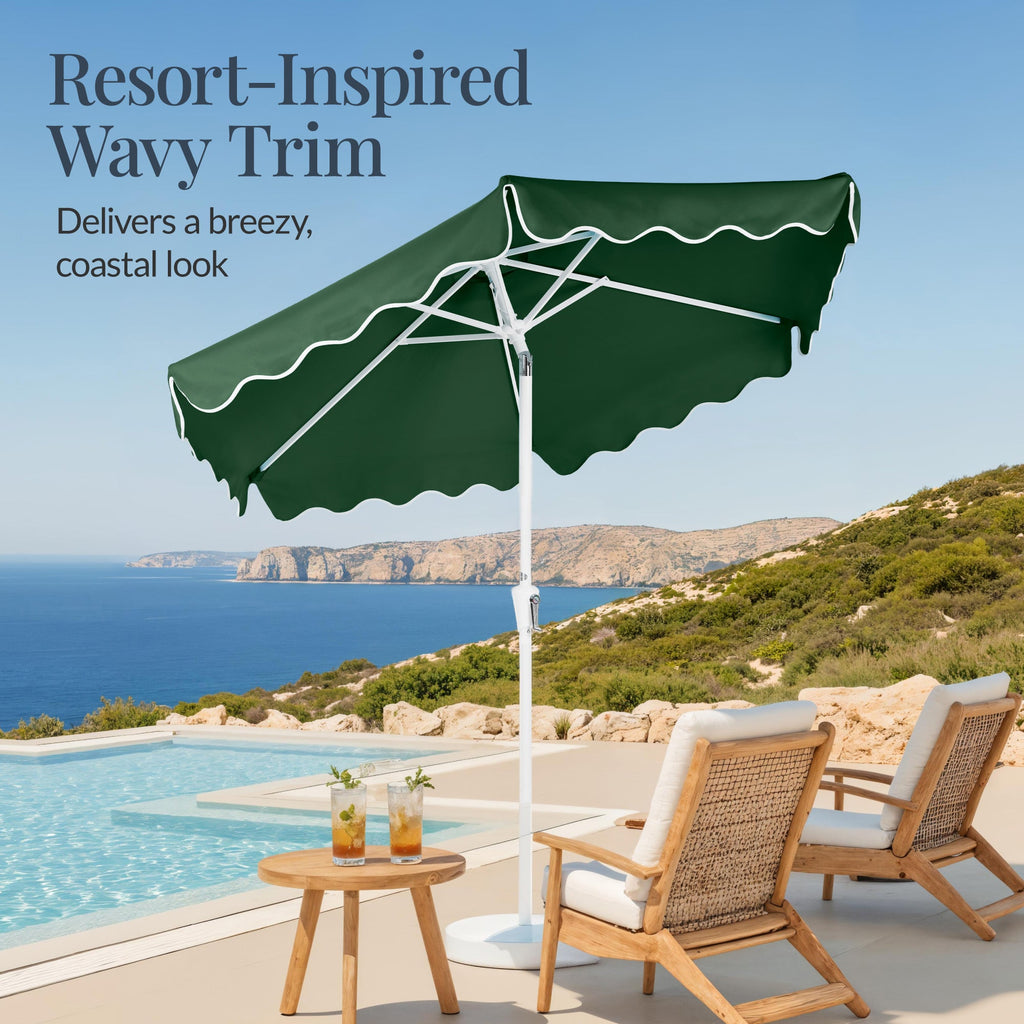 9ft Patio Market Umbrella, Wavy Trim, UV Fade Resistant, Crank & Tilt