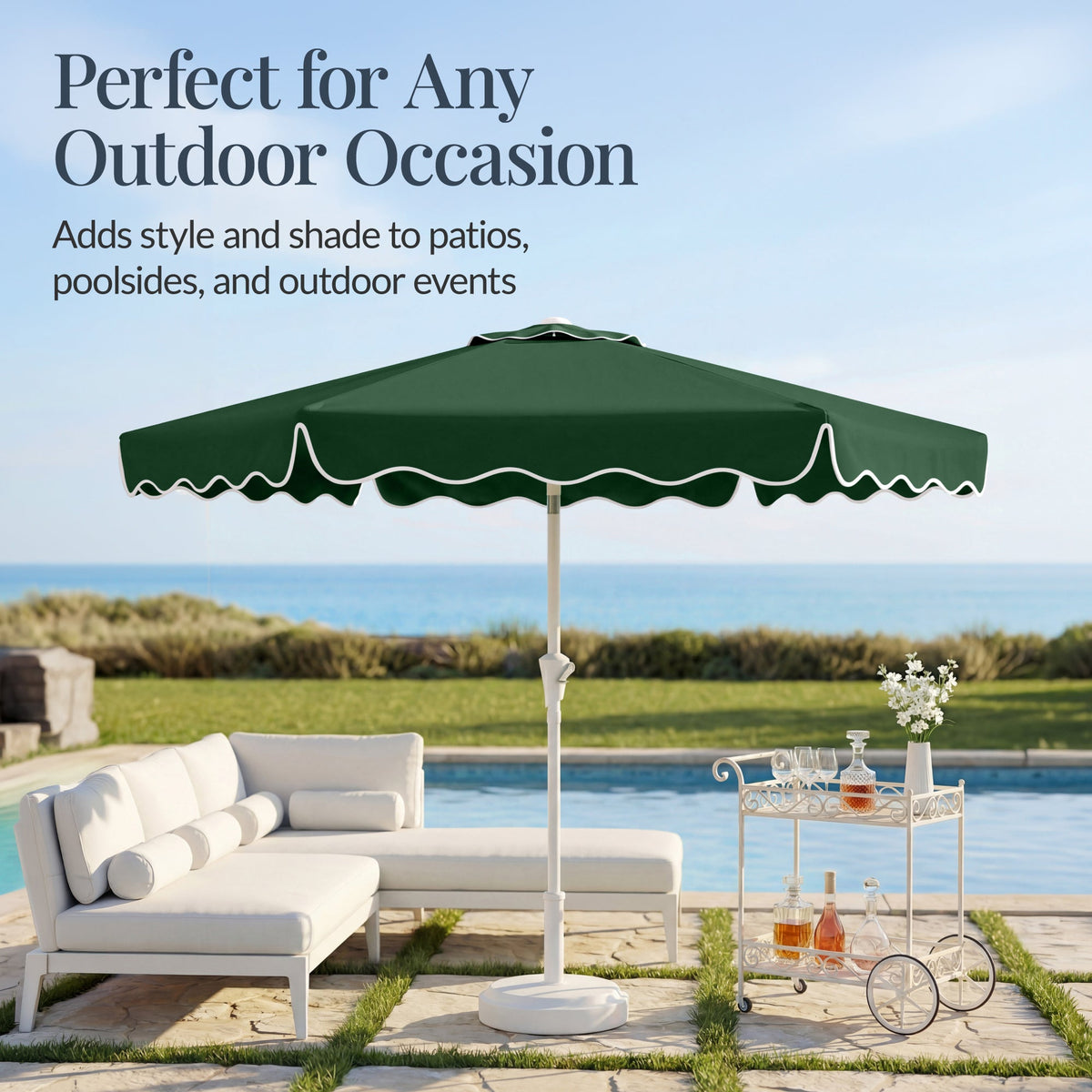 9ft Patio Market Umbrella, Wavy Trim, UV Fade Resistant, Crank & Tilt
