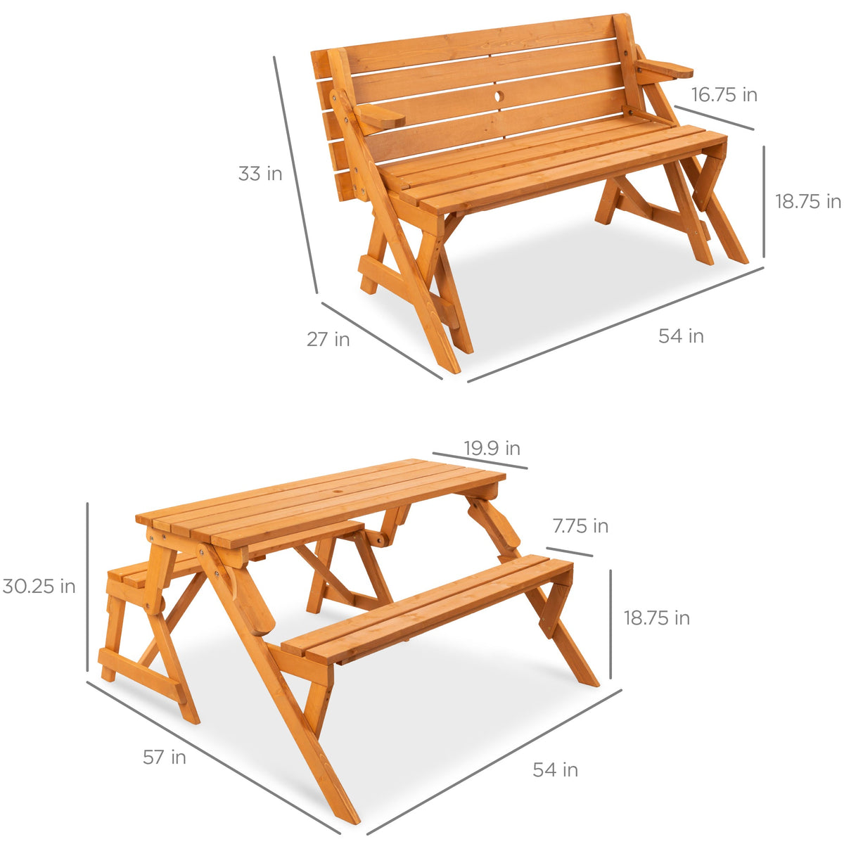 2-in-1 Outdoor Interchangeable Wooden Picnic Table/Garden Bench