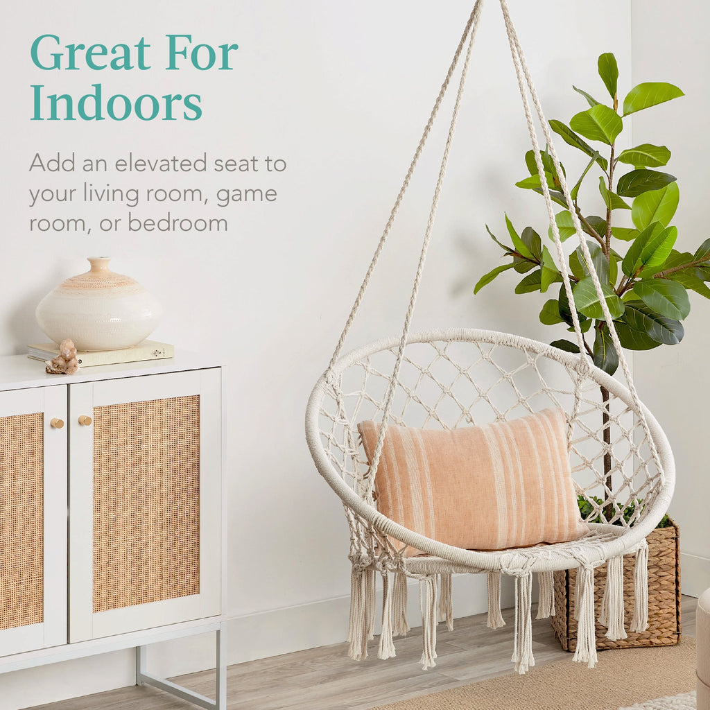 Macrame Hanging Chair Handwoven Cotton Hammock Swing w/ Mounting Hardware