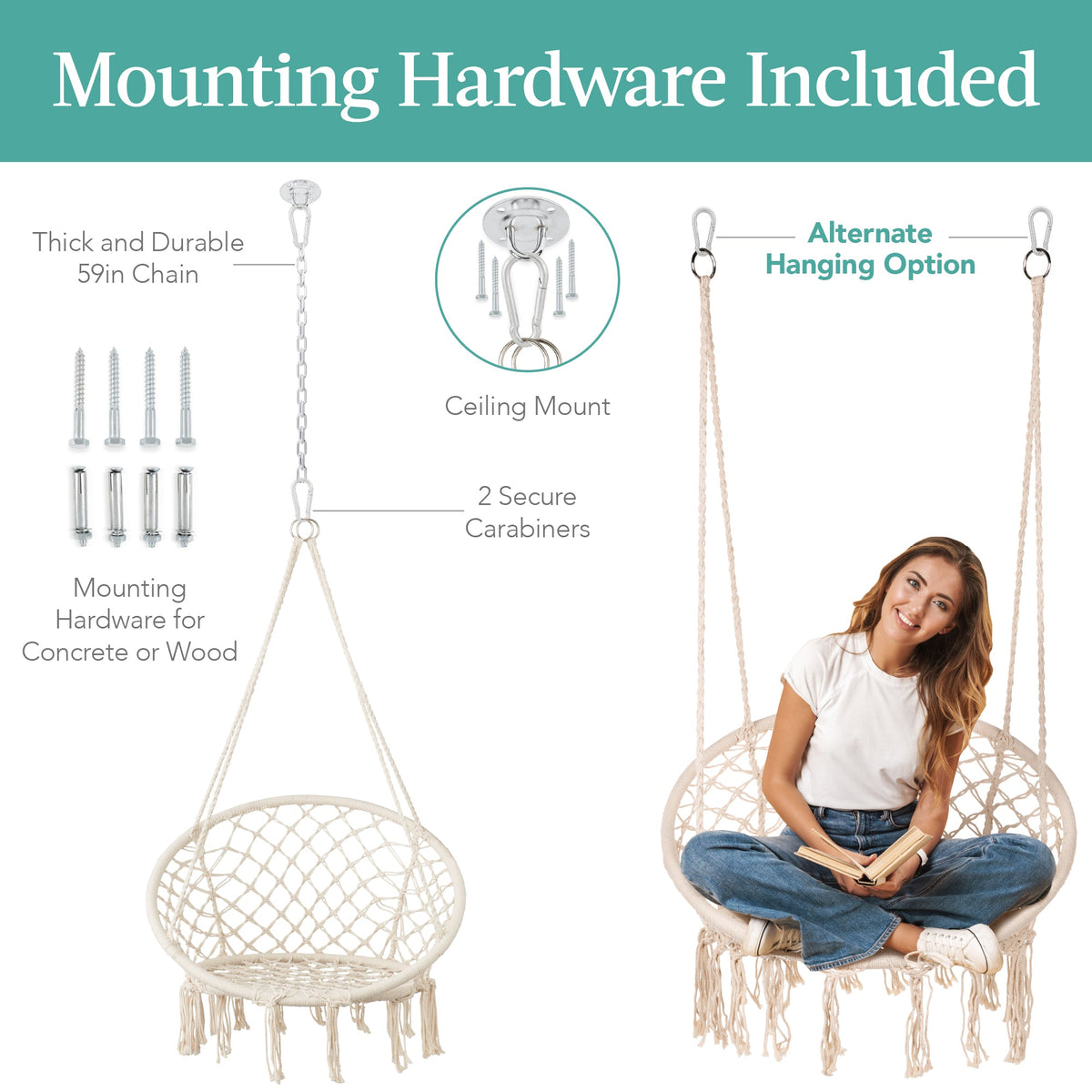 Macrame Hanging Chair Handwoven Cotton Hammock Swing w/ Mounting Hardware
