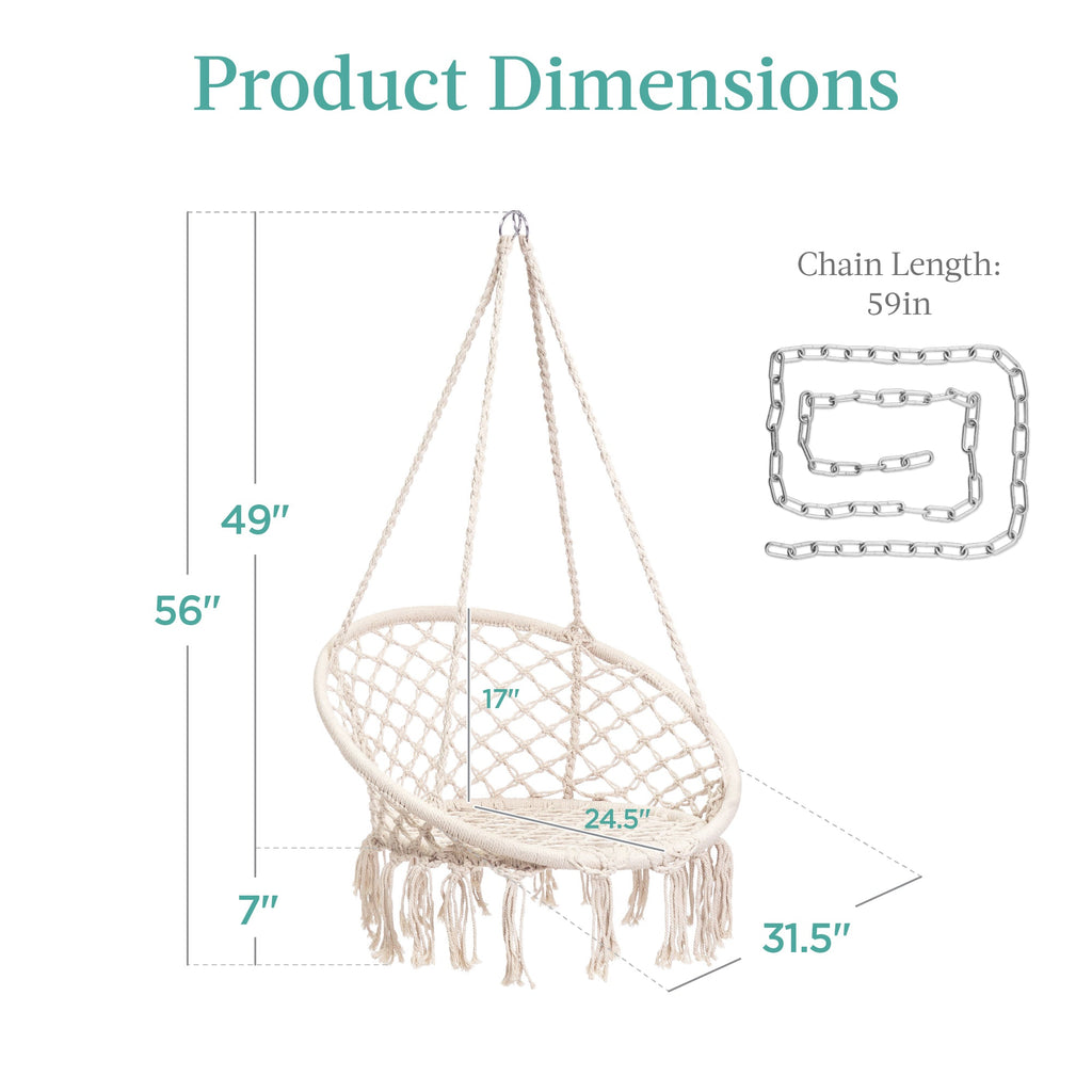 Macrame Hanging Chair Handwoven Cotton Hammock Swing w/ Mounting Hardware