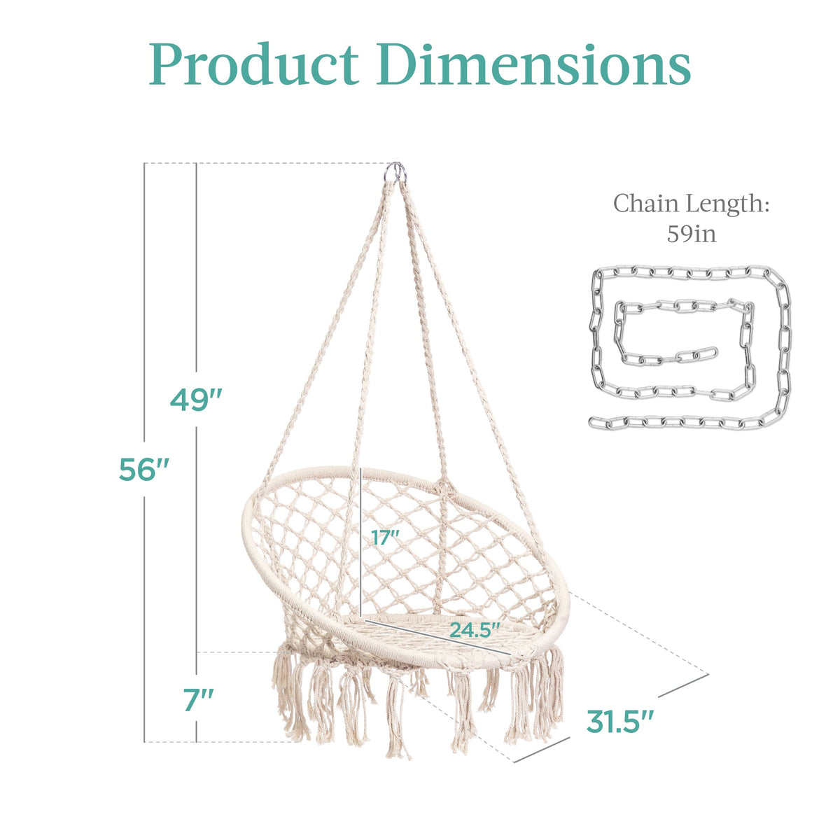 Macrame Hanging Chair Handwoven Cotton Hammock Swing w/ Mounting Hardware