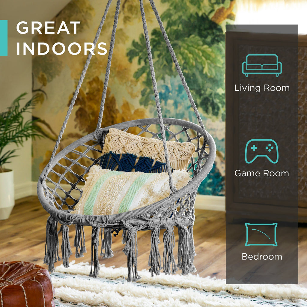 Macrame Hanging Chair Handwoven Cotton Hammock Swing w/ Mounting Hardware