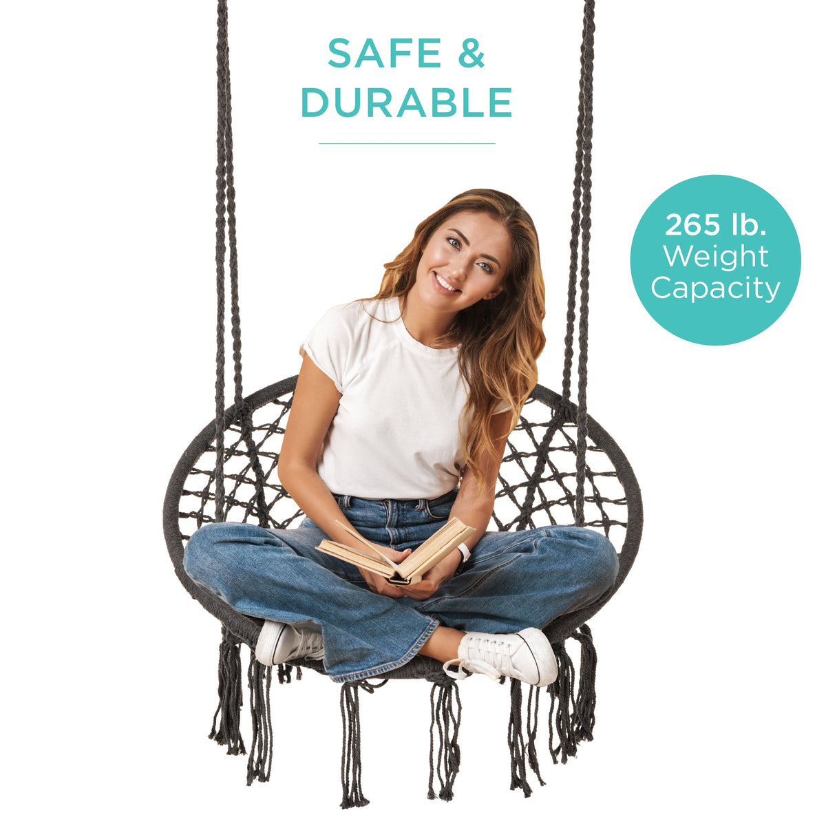 Macrame Hanging Chair Handwoven Cotton Hammock Swing w/ Mounting Hardware