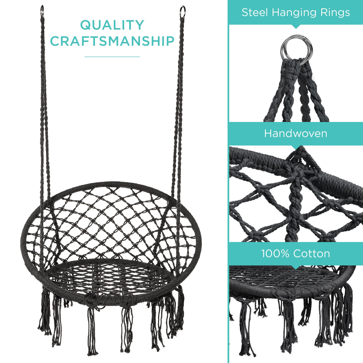 Macrame Hanging Chair Handwoven Cotton Hammock Swing w/ Mounting Hardware
