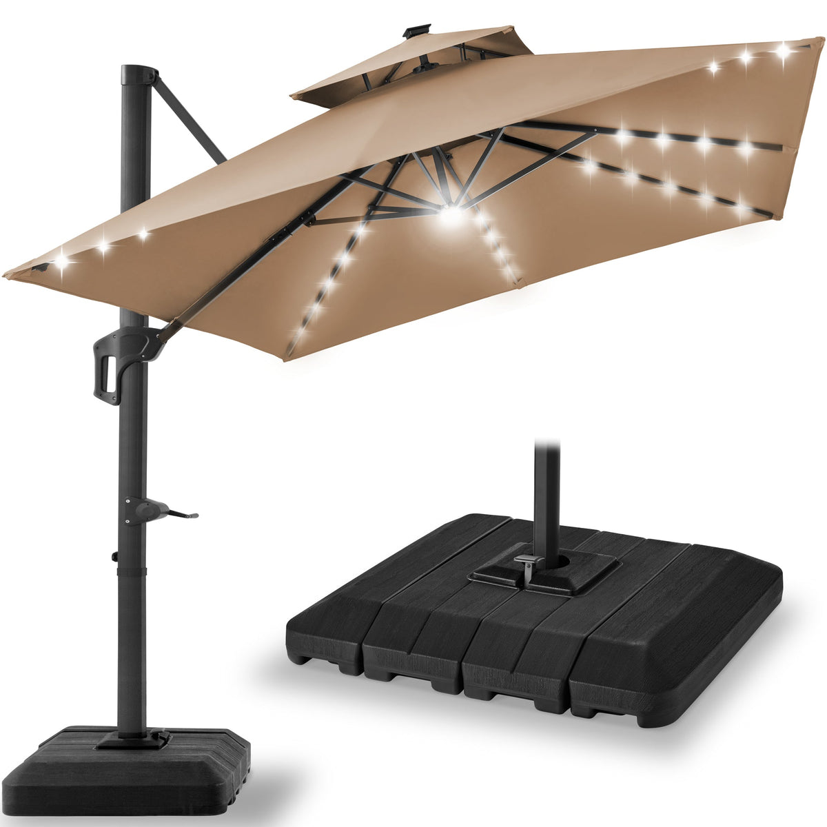 2-Tier Square LED Cantilever Offset Umbrella w/ 360 Rotation, Base - 10x10ft