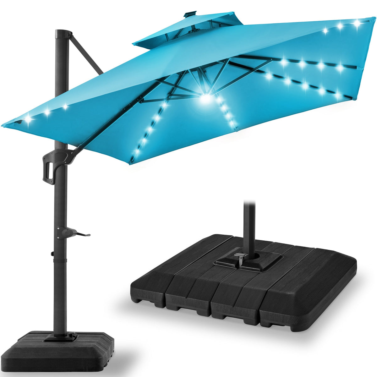 2-Tier Square LED Cantilever Offset Umbrella w/ 360 Rotation, Base - 10x10ft