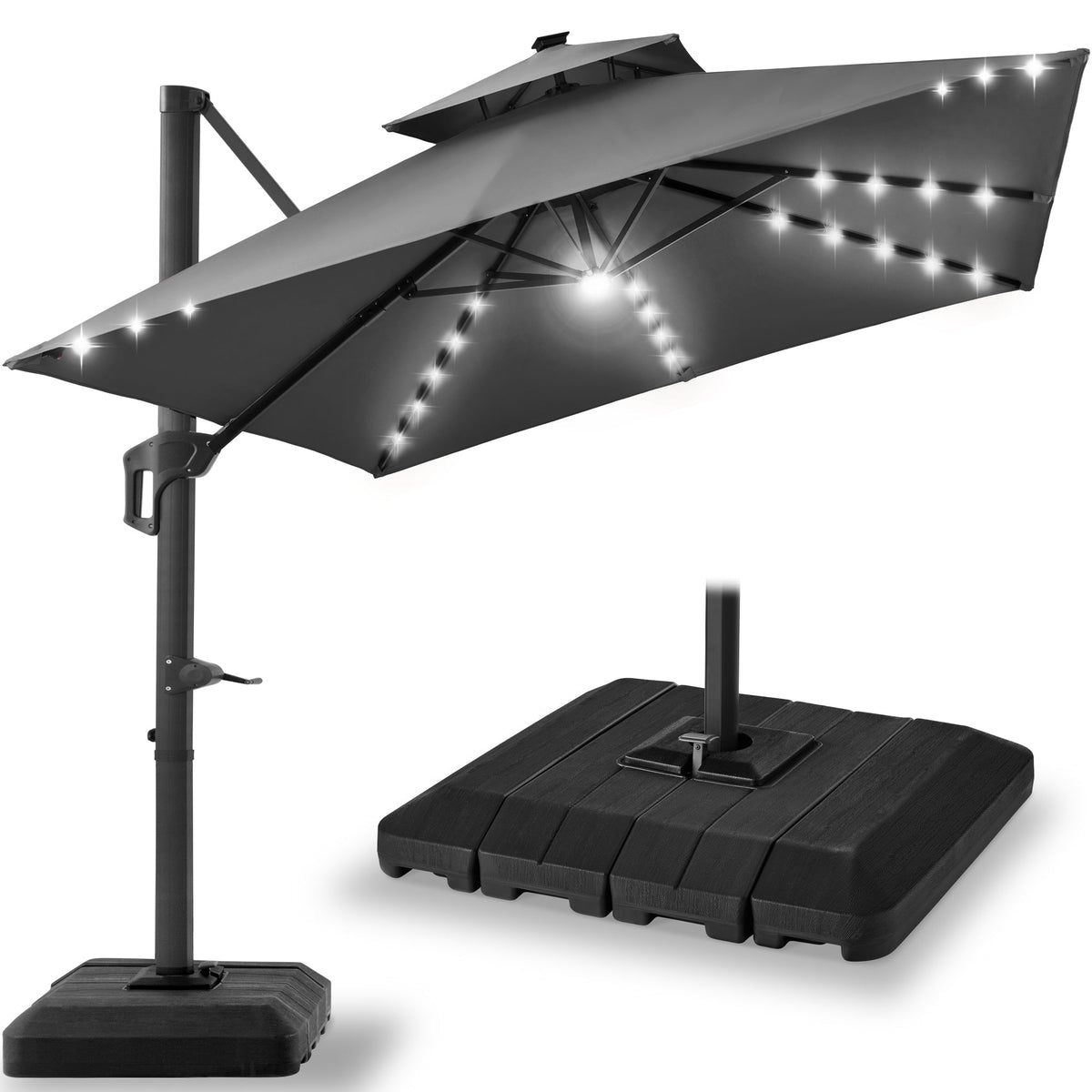 2-Tier Square LED Cantilever Offset Umbrella w/ 360 Rotation, Base - 10x10ft