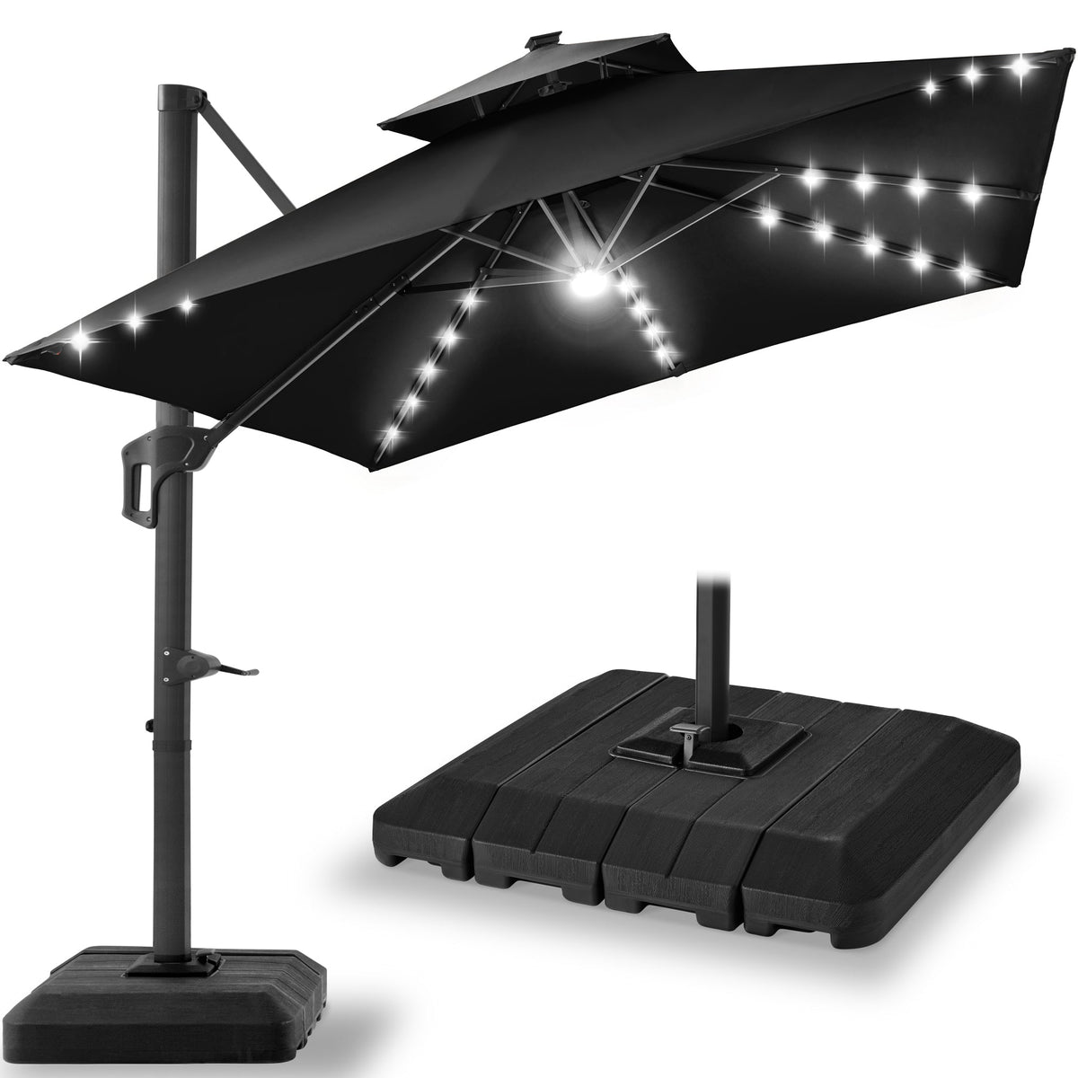2-Tier Square LED Cantilever Offset Umbrella w/ 360 Rotation, Base - 10x10ft
