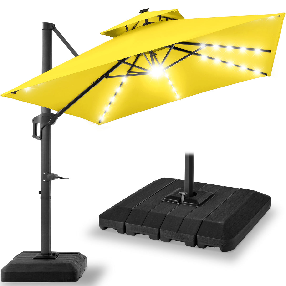 2-Tier Square LED Cantilever Offset Umbrella w/ 360 Rotation, Base - 10x10ft